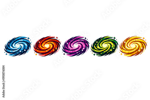 Five colorful stylized spiral galaxies in blue, red, purple, green, and gold are arranged in a horizontal row against a solid black background. Each swirl features a glowing center.