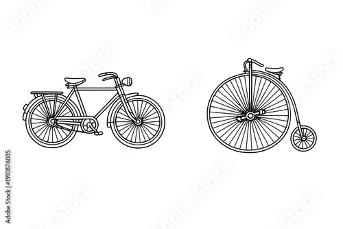 This minimalist white line drawing depicts two different styles of bicycles, a traditional vintage bike and a classic penny-farthing, both presented on a plain black background.