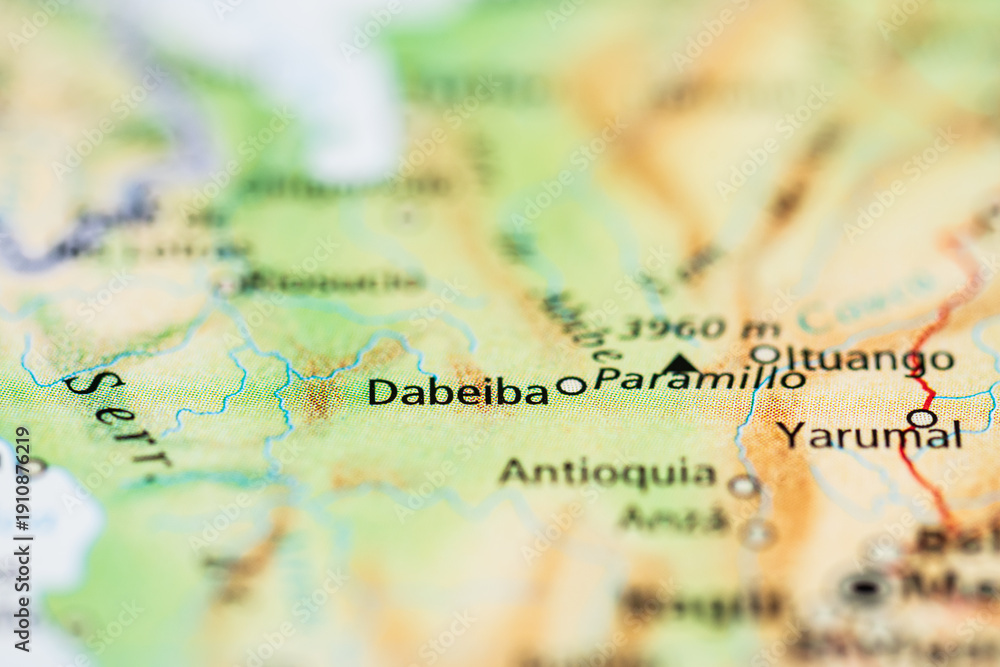 Obraz premium Map detail highlighting Dabeiba and Paramillo region Colombia.