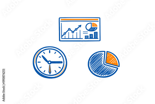 A blue and orange hand-drawn sketch showing a business dashboard with graphs, a clock for time management, and a pie chart, all set against a solid black background.