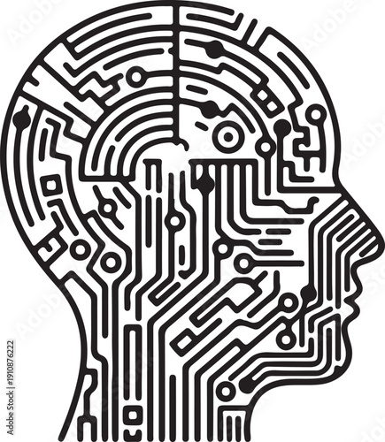 "Abstract artificial intelligence concept illustration showing human head profile made of circuit board patterns symbolizing machine learning, digital cognition, and future technology integration"