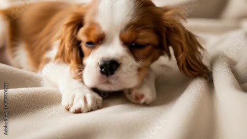 Adorable Cavalier King Charles Spaniel Puppy Sleeping Peacefully on a Bed.