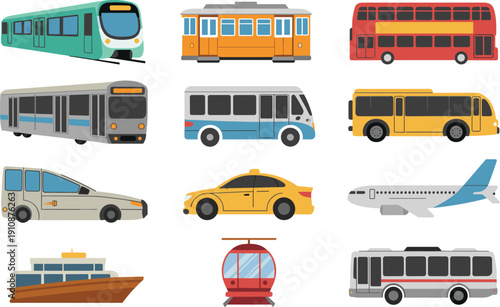 Public transportation vehicles vector set with bus train tram taxi airplane boat and city transport collection