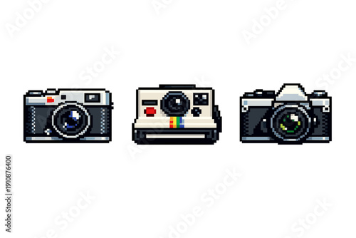 A collection of three retro cameras in pixel art style, including a rangefinder, an instant camera with a rainbow stripe, and an SLR, isolated on a black background.