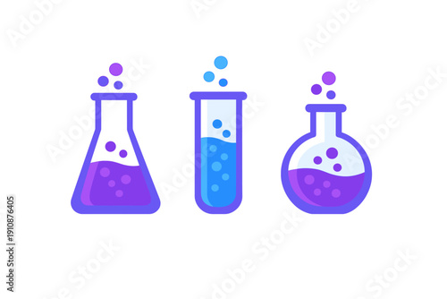 A flat vector illustration of three laboratory glass containers including a conical flask, a test tube, and a round-bottom flask filled with bubbling purple and blue liquids.
