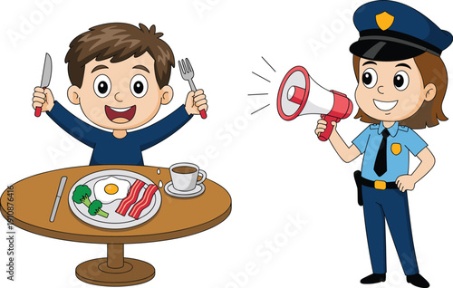 Police officer and hungry boy eating breakfast cartoon vector illustration with megaphone and food concept