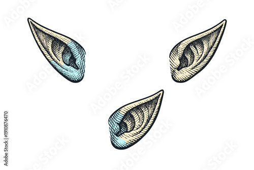 Three hand-drawn pointed elf ears are arranged on a black background. The illustration features a vintage engraving style with cross-hatched shading and subtle blue highlights.