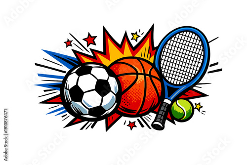 A vibrant comic book style illustration featuring a soccer ball, basketball, and tennis racket with a ball against a dynamic explosive background with stars on a black backdrop.