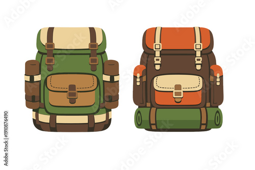 Two colorful camping backpacks are illustrated in a flat style on a black background. They feature various straps, buckles, and rolled gear for outdoor adventures and hiking.