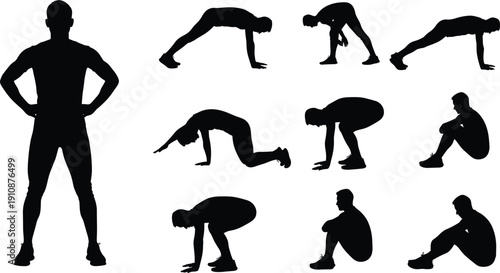 Black silhouette set of a man performing various fitness exercises including planks squats and stretching isolated on a white background for health and workout designs