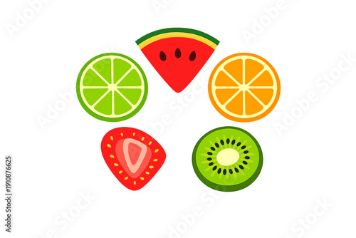 This flat illustration features stylized slices of watermelon, orange, kiwi, strawberry, and lime arranged in a circle on a black background, showcasing vibrant colors and simple shapes.