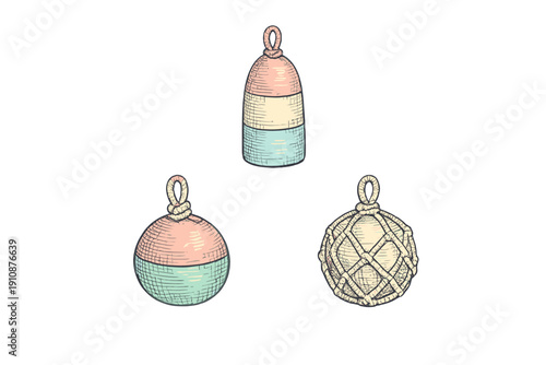 This hand-drawn set includes three nautical items: a striped cylindrical buoy, a two-tone spherical buoy, and a glass float in a rope net, all in pastel shades on black.