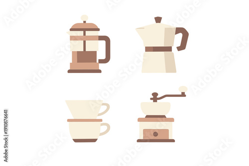 A flat illustration featuring four coffee brewing tools: a French press, a Moka pot, a pour-over dripper with a cup, and a manual coffee grinder in warm earthy tones on a black background.
