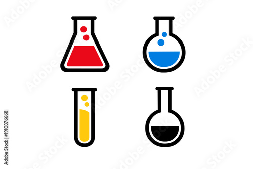 Four minimalist laboratory glassware icons featuring a conical flask, round flasks, and a test tube with red, blue, and yellow liquids on a dark background.