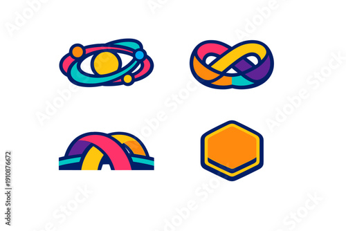 Four colorful abstract icons including an atomic structure, a multi-colored infinity loop, overlapping curved paths, and a simple orange hexagon on a dark background.