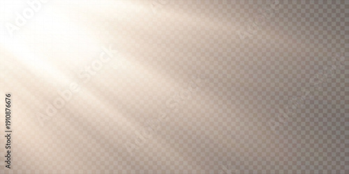 Soft warm sunlight rays shining from top corner on transparent background. Perfect for calm morning scenes, inspirational quote templates, wellness and beauty banners, product mockups