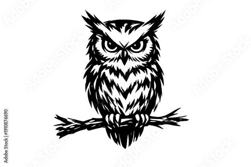A high-contrast black and white illustration of an owl's talons firmly gripping a wooden branch. The minimalist graphic design features sharp white lines against a solid black background.