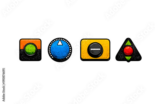 A set of four stylized control icons including a green button, a blue dial, a yellow knob, and a red triangle switch, all presented with a textured finish on a black background.