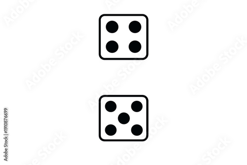 Two white dice faces are displayed vertically against a solid black background. The top die shows four black pips, while the bottom die shows five black pips in a classic layout.