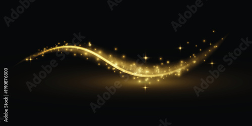 Golden magic light wave made of sparkling particles on dark background. Perfect for luxury product advertising, party and New Year designs