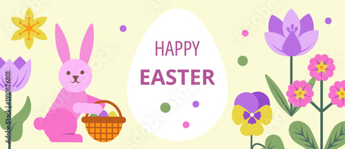 Horizontal Easter banner featuring a pink bunny with a basket and a large white egg with greeting text, surrounded by geometric spring flowers including tulips and pansies