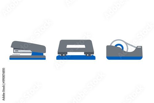 A minimalist illustration of three common office supplies including a stapler, a hole punch, and a tape dispenser, all rendered in a flat grey and blue style against a black background.