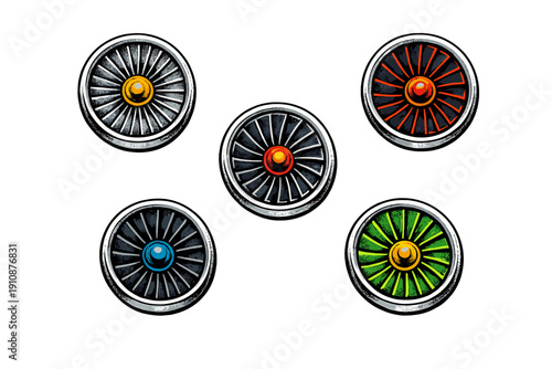 Five stylized jet engine turbines with colorful centers are arranged on a solid black background. Each circular mechanical component features metallic blades and a unique glowing hub.