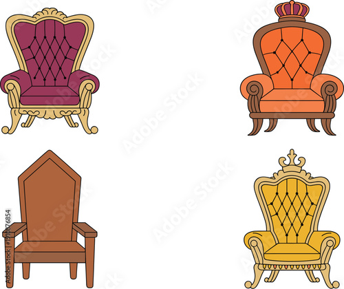 Royal throne chair vector illustration set with king and queen vintage luxury furniture design collection