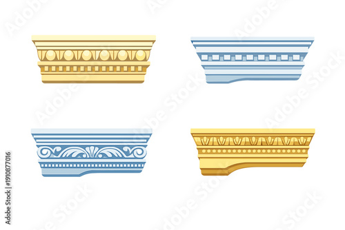 Four decorative architectural molding designs in yellow and blue colors. These classical cornice elements feature intricate patterns like egg-and-dart and floral motifs on a black background.