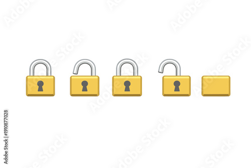 Five gold padlocks are arranged in a horizontal line on a dark background. The locks show different states of being open or closed, with the final one appearing incomplete.