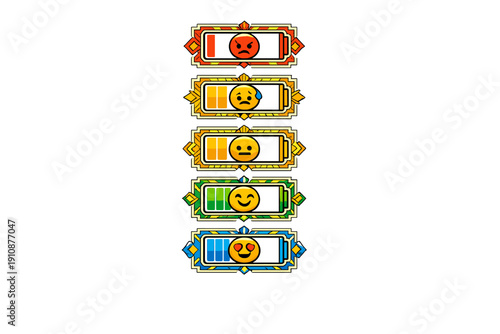 A vertical set of five battery status bars featuring different emojis and color levels ranging from red anger to blue love on a solid black background with ornate frames.