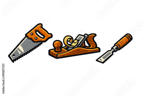 A stylized illustration of three essential woodworking hand tools including a hand saw, a wood plane with a shaving, and a chisel, set against a solid black background.
