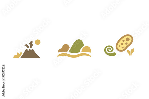 Three minimalist icons representing natural elements including a volcano, rolling hills, and biological life forms like a sprout and cell on a black background.