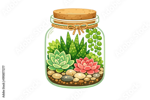 A digital illustration of a glass jar terrarium filled with various green and pink succulents, pebbles, and soil, topped with a cork lid and a small twine bow on a black background.