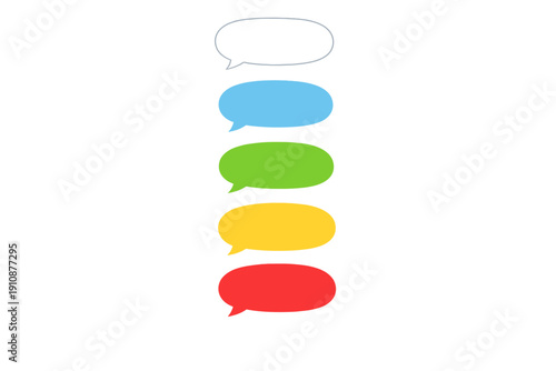 Five colorful speech bubbles are arranged vertically on a solid black background. The bubbles are white, blue, green, yellow, and red, featuring a simple flat design for communication.