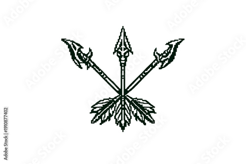 A dark green line art illustration featuring three crossed arrows with decorative heads and feathered fletching, centered on a solid black background for a minimalist aesthetic.