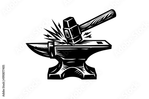A black and white graphic illustration of a heavy hammer striking a metal anvil with sparks flying from the impact point, set against a solid black background in a woodcut style.