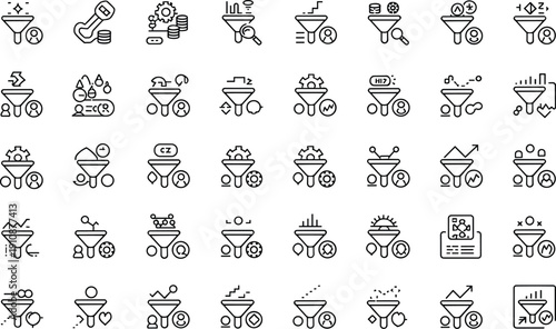 Sales funnel line icons vector set with marketing analytics conversion process and business strategy symbols