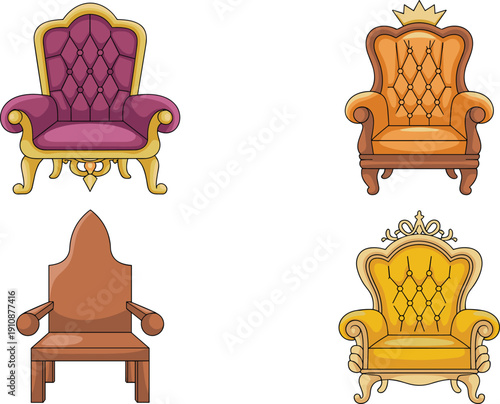 Royal throne chairs vector illustration set with ornate king and queen luxury vintage furniture design