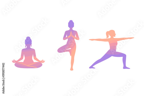 Three gradient silhouettes of women practicing yoga poses including meditation, tree pose, and warrior pose are displayed in a row against a solid black background.