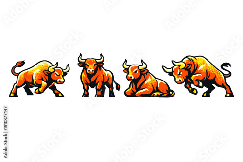 A set of four stylized bull illustrations in vibrant orange and gold tones, depicted in different poses against a black background. The graphic art shows charging and resting bulls.