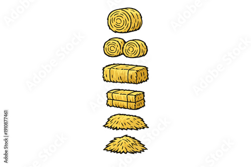 A collection of various hay bale illustrations including round bales, rectangular bales, and loose piles of straw. The set is presented in a vertical column on a black background.