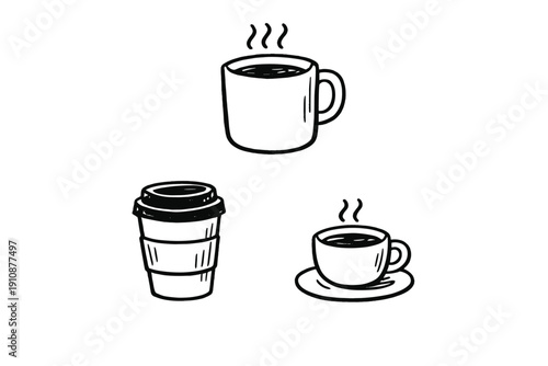 A black and white illustration featuring three different types of coffee containers: a large mug, a disposable takeaway cup, and a small cup on a saucer with steam rising from the liquid.