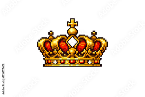 A pixel art illustration of a golden royal crown with red velvet lining and a cross on top, set against a solid black background. The crown features intricate gold details and jewels.