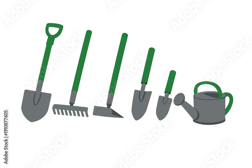 A collection of gardening tools including a shovel, rake, hoe, trowels, and a watering can with green handles and grey metal parts, isolated on a solid black background.