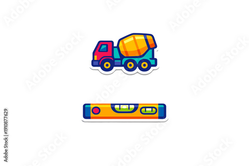 A colorful cartoon sticker set featuring a cement mixer truck and a spirit level tool. The illustrations have bold outlines and white borders against a dark background.