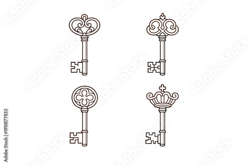 Four unique antique-style skeleton keys featuring ornate decorative bows and detailed bits are displayed as white line art illustrations against a stark black background.