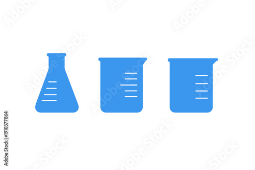 A blue Erlenmeyer flask and two beakers are shown as flat icons on a black background with vertical white dashed lines, representing science and chemistry equipment.