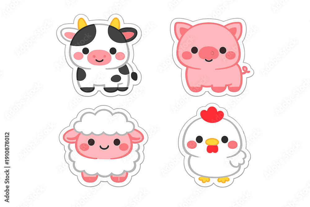 Obraz premium A set of four cute cartoon farm animal stickers featuring a cow, a pig, a sheep, and a chicken. Each animal has a kawaii style with rosy cheeks and a white border on a black background.