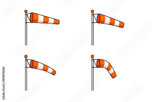 Four illustrations of an orange and white striped windsock on a silver pole against a black background, showing different wind speeds and directions through varying angles.